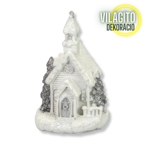 Fehér-ezüst világítós templom kicsi 1db