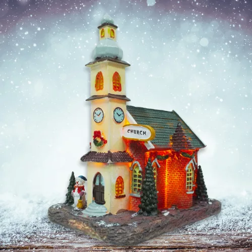 Világítós karácsonyi templom - LED-es téli dísz