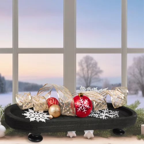 Ovális fa tálca lábon fekete 40x16cm 24/#