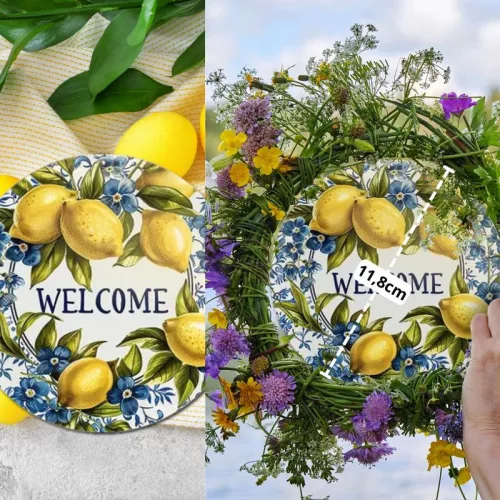 Nyomtatott fa tábla koszorú közép - Welcome citromos 11,8cm