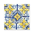 Nyomtatott fa tábla - Mediterrán csempe minta - kék-sárga 12,5x12,5cm