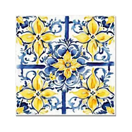 Nyomtatott fa tábla - Mediterrán csempe minta - kék-sárga 12,5x12,5cm