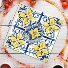 Nyomtatott fa tábla - Mediterrán csempe minta - kék-sárga 12,5x12,5cm