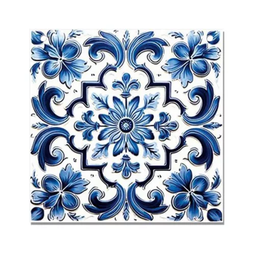 Nyomtatott fa tábla - Mediterrán csempe minta - kék sima 12,5x12,5cm