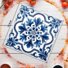 Nyomtatott fa tábla - Mediterrán csempe minta - kék keretes 12,5x12,5cm