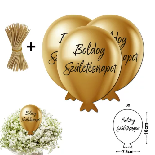 Nyomtatott dekorkarton - Boldog születésnapot lufi - arany 3db/csomag
