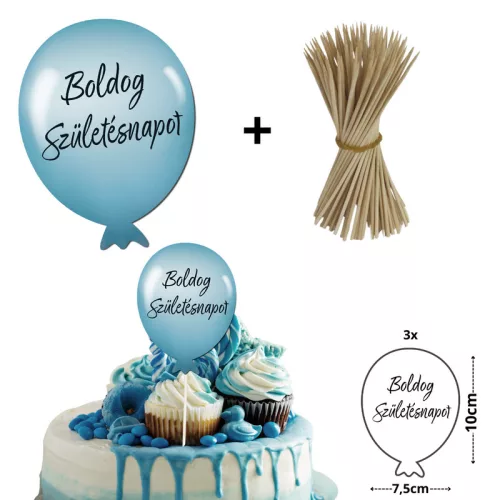 Nyomtatott dekorkarton - Boldog születésnapot lufi - pasztell kék 3db/csomag