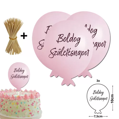 Nyomtatott dekorkarton - Boldog születésnapot lufi - rózsaszín 3db/csomag