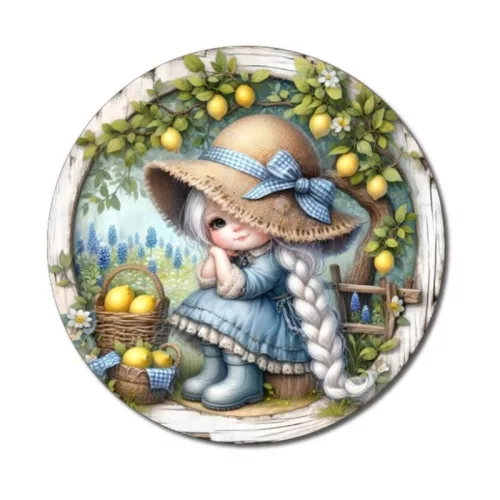 Nyomtatott fa tábla koszorú közép - Citromos lány 11,8cm