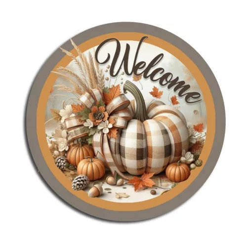 Nyomtatott fa tábla koszorú közép - Welcome kockás tökkel 11,8cm