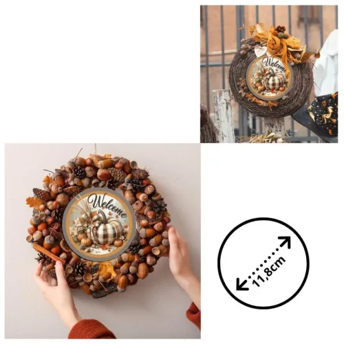 Nyomtatott fa tábla koszorú közép - Welcome kockás tökkel 11,8cm