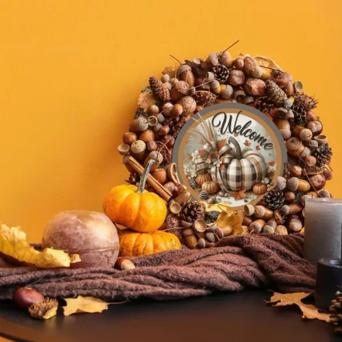 Nyomtatott fa tábla koszorú közép - Welcome kockás tökkel 11,8cm