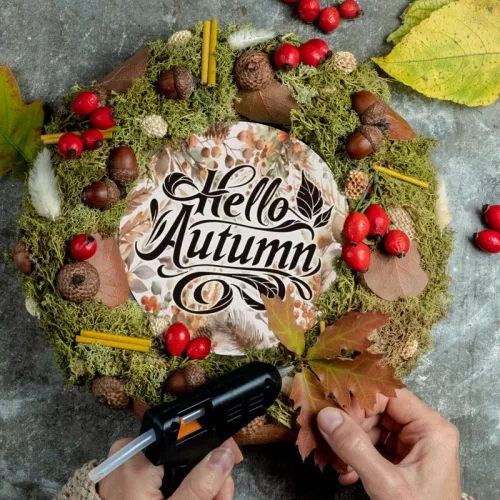 Nyomtatott fa tábla koszorú közép - Hello Autumn 11,8cm