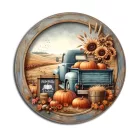 Nyomtatott fa tábla koszorú közép - Őszi táj kék teherautóval 11,8cm