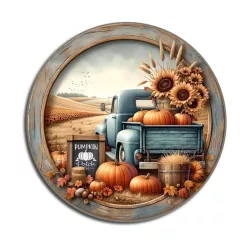   Nyomtatott fa tábla koszorú közép - Őszi táj kék teherautóval 11,8cm