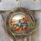 Nyomtatott fa tábla koszorú közép - Őszi táj kék teherautóval 11,8cm