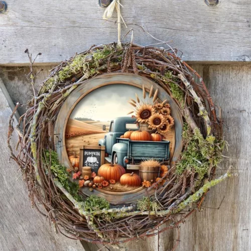 Nyomtatott fa tábla koszorú közép - Őszi táj kék teherautóval 11,8cm