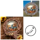 Nyomtatott fa tábla koszorú közép - Őszi táj kék teherautóval 11,8cm