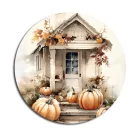 Nyomtatott fa tábla koszorú közép - Fehér-narancs tök házzal 11,8cm