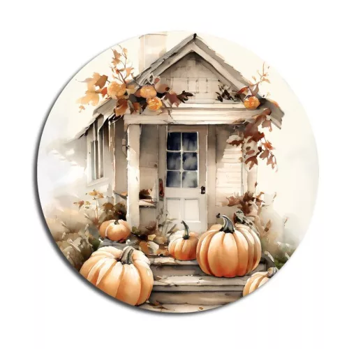 Nyomtatott fa tábla koszorú közép - Fehér-narancs tök házzal 11,8cm