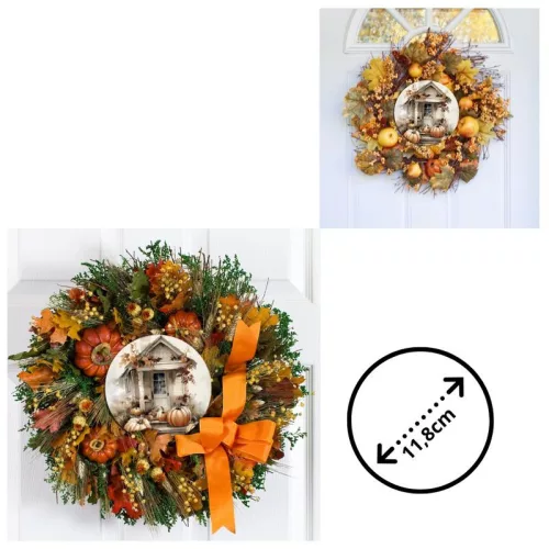 Nyomtatott fa tábla koszorú közép - Fehér-narancs tök házzal 11,8cm