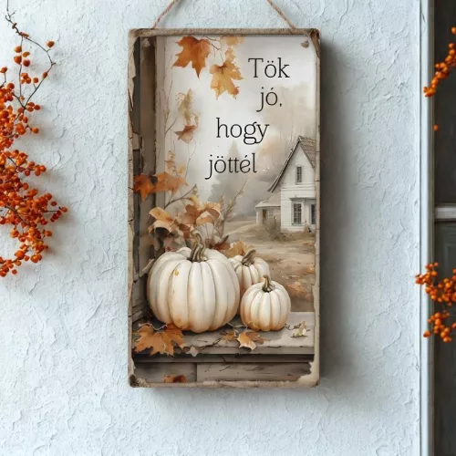 Nyomtatott fa tábla - Fehér-narancs -Tök jó, hogy jöttél akasztós tábla 13x24,3cm