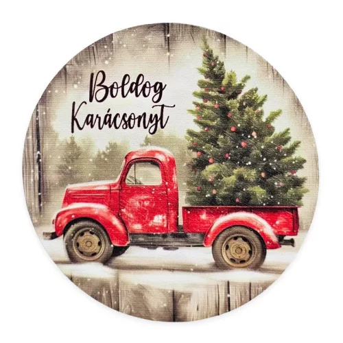 Nyomtatott fa tábla koszorú közép - Autós karácsonyi 11,8cm