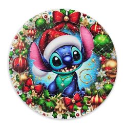   Nyomtatott fa tábla koszorú közép - Karácsonyi Stitch 11,8cm