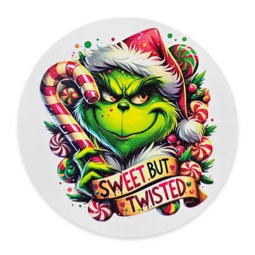 Nyomtatott fa tábla koszorú közép - Cukros grinch 11,8cm