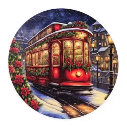   Nyomtatott fa tábla koszorú közép - Karácsonyi villamos 11,8cm