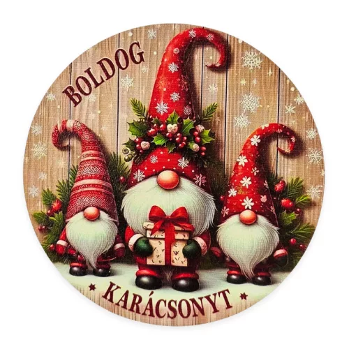 Nyomtatott fa tábla koszorú közép - Piros manók 11,8cm