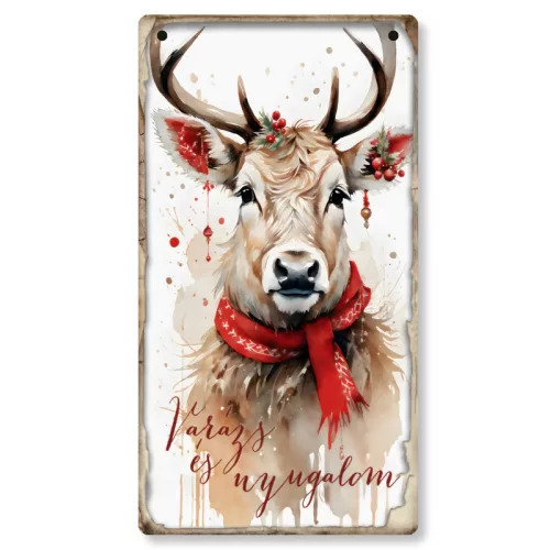 Nyomtatott fa tábla - Piros karácsonyi téma - Szarvas 13x24,3cm