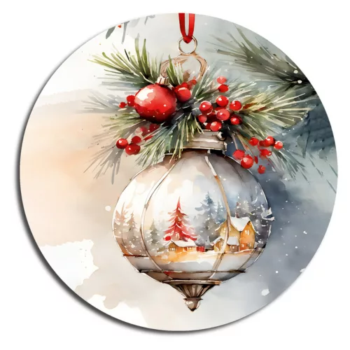 Nyomtatott fa tábla koszorú közép - Karácsonyi piros téma koszorú közép 11,8cm