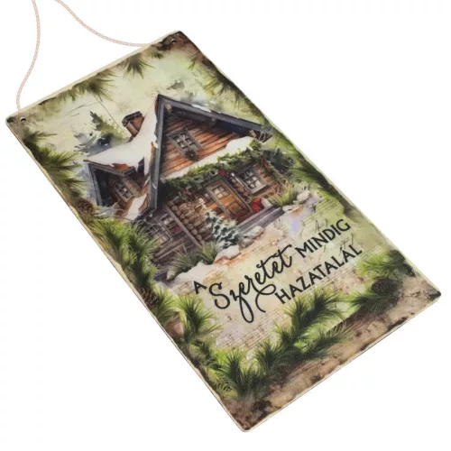 Nyomtatott fa tábla - Zöld karácsonyi téma - Szeretet 13x24,3cm