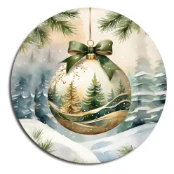   Nyomtatott fa tábla koszorú közép - Karácsonyi zöld téma koszorú közép 11,8cm