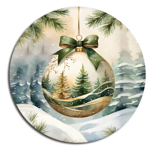 Nyomtatott fa tábla koszorú közép - Karácsonyi zöld téma koszorú közép 11,8cm