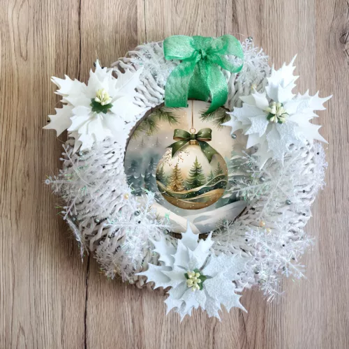 Nyomtatott fa tábla koszorú közép - Karácsonyi zöld téma koszorú közép 11,8cm
