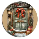 Nyomtatott fa tábla koszorú közép - Karácsonyi piros-zöld téma koszorú közép 11,8cm