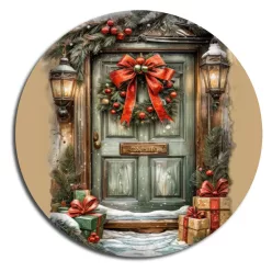   Nyomtatott fa tábla koszorú közép - Karácsonyi piros-zöld téma koszorú közép 11,8cm