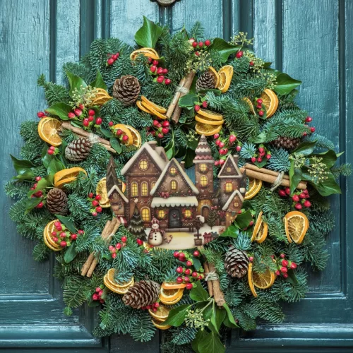 Nyomtatott dekorkarton - Félkoszorú közép - házikós 10x11,8cm