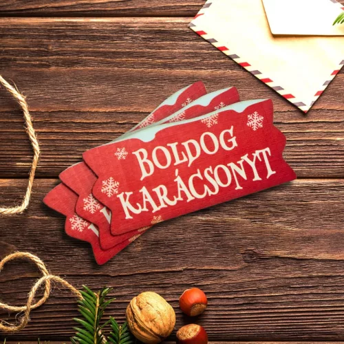 Nyomtatott dekorkarton - Karácsonyi szalag tábla havas - piros 3db