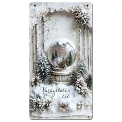   Nyomtatott fa tábla - Vintage fehér téma - hógömb 13x24,3cm
