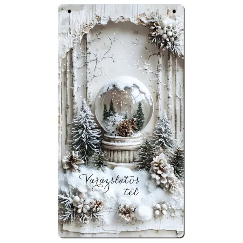Nyomtatott fa tábla - Vintage fehér téma - hógömb 13x24,3cm
