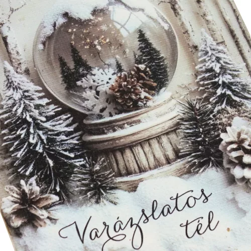 Nyomtatott fa tábla - Vintage fehér téma - hógömb 13x24,3cm