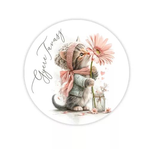  Nyomtatott fa tábla koszorú közép - Gyere tavasz cicás 11,8cm