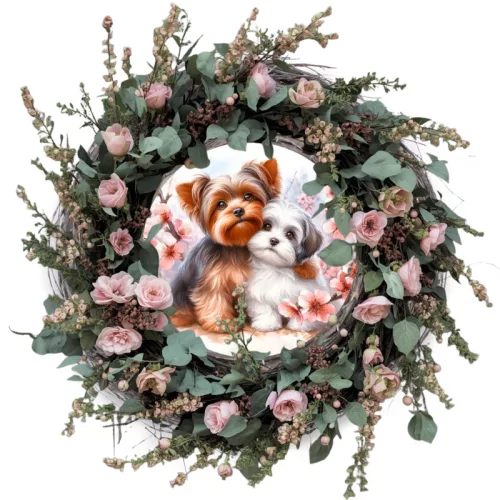  Nyomtatott fa tábla koszorú közép -Yorki kutyusok 11,8cm