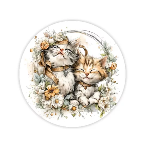 Nyomtatott fa tábla koszorú közép - 2 cicás 11,8cm