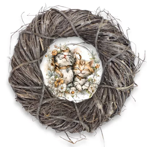 Nyomtatott fa tábla koszorú közép - 2 cicás 11,8cm