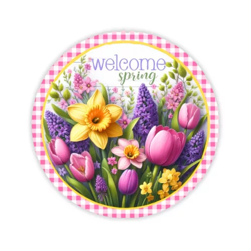 Nyomtatott fa tábla koszorú közép - Welcome Spring 11,8cm