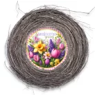 Nyomtatott fa tábla koszorú közép - Welcome Spring 11,8cm